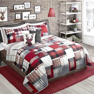 Red / White Cottage Plaid Patchwork 3 Piece Bedding Quilt Set • DoubleQueen Size